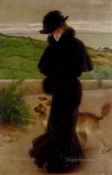  woman Deco Art - Matteo An Elegant Lady With Her Faithful Companion By The Beach woman Vittorio Matteo Corcos